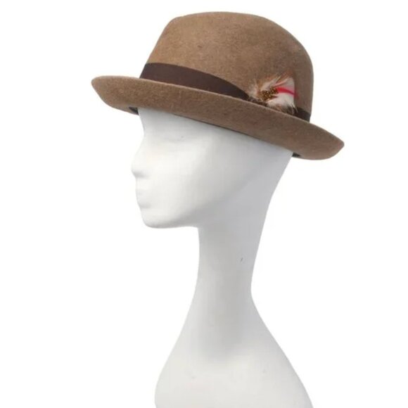 Vintage Men's Commardore Wool Felt Fedora Trilby Hat Retro Feather Brown Tan - Picture 3 of 11
